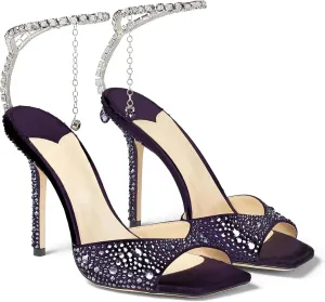 LauraVicci Women's High Heel Sandals Crystal Chain Ankle Straps Rhinestones Buckle Square Open Toe Stiletto High Heels Wedding Party Satin Dress Shoes