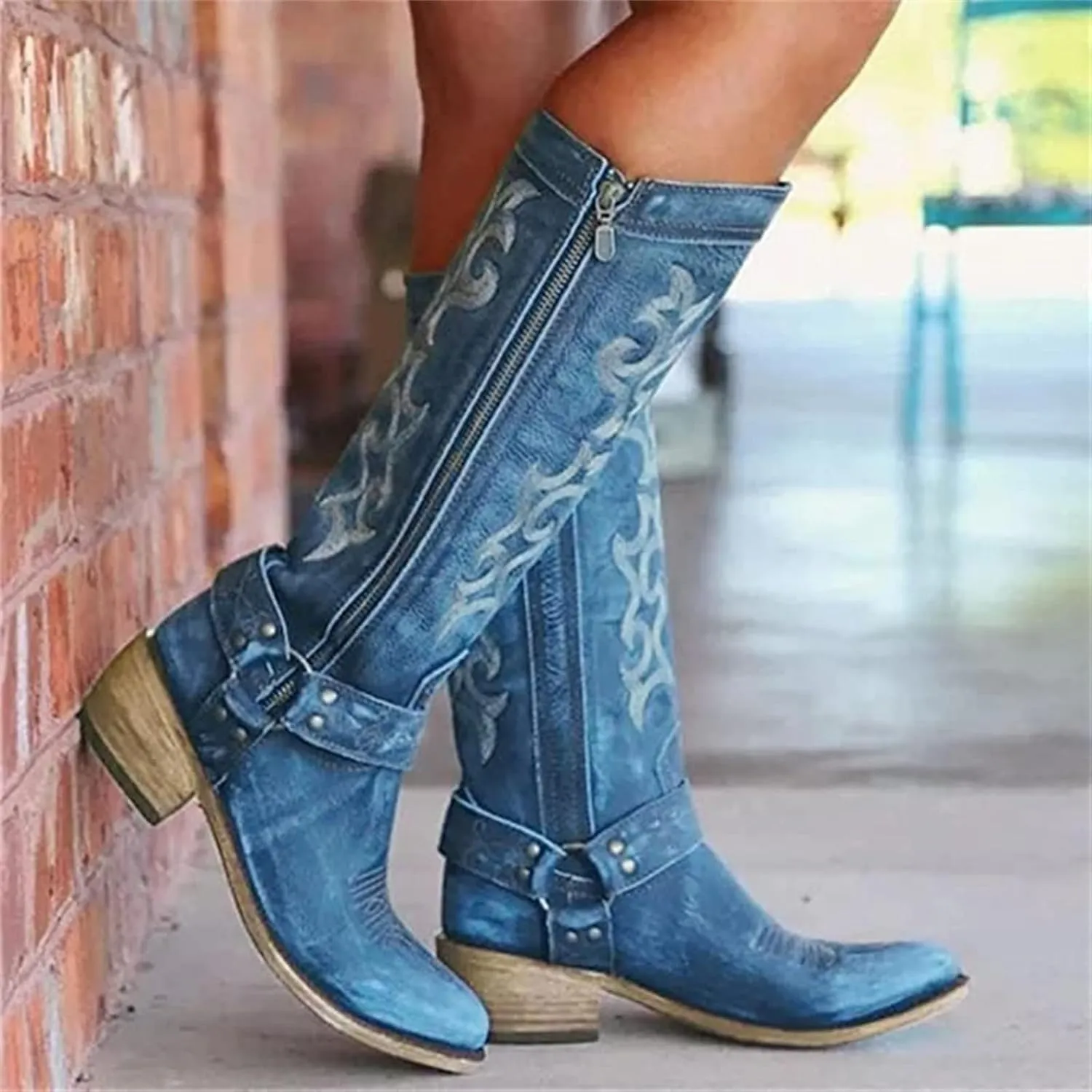 Lausiuoe Boots For Women Knee High Wide Width Cowboy Boots Western Fashion Embroidered Wide Calf Chunky Cowgirl Boots