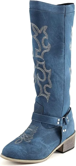 Lausiuoe Boots For Women Knee High Wide Width Cowboy Boots Western Fashion Embroidered Wide Calf Chunky Cowgirl Boots