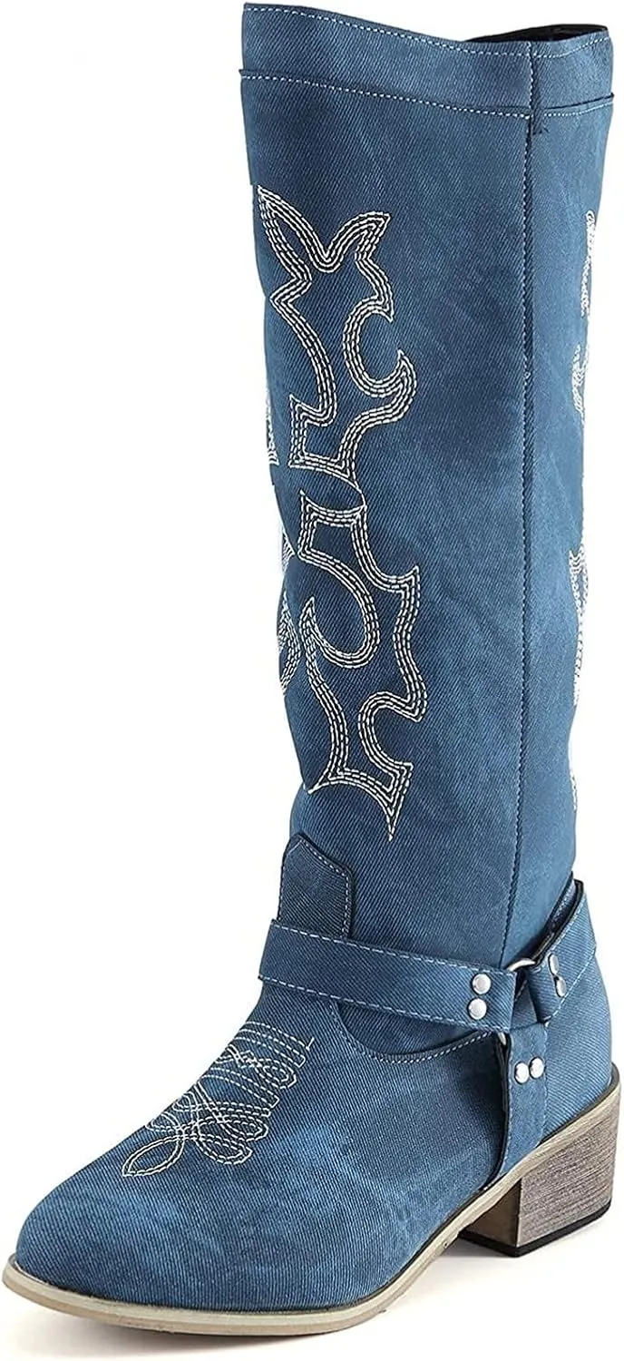 Lausiuoe Boots For Women Knee High Wide Width Cowboy Boots Western Fashion Embroidered Wide Calf Chunky Cowgirl Boots