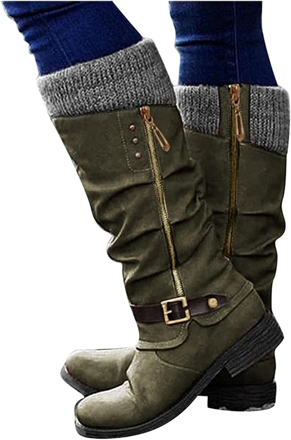 Lausiuoe Boots For Women Knee High Wide Width Cowboy Boots Western Fashion Embroidered Wide Calf Chunky Cowgirl Boots
