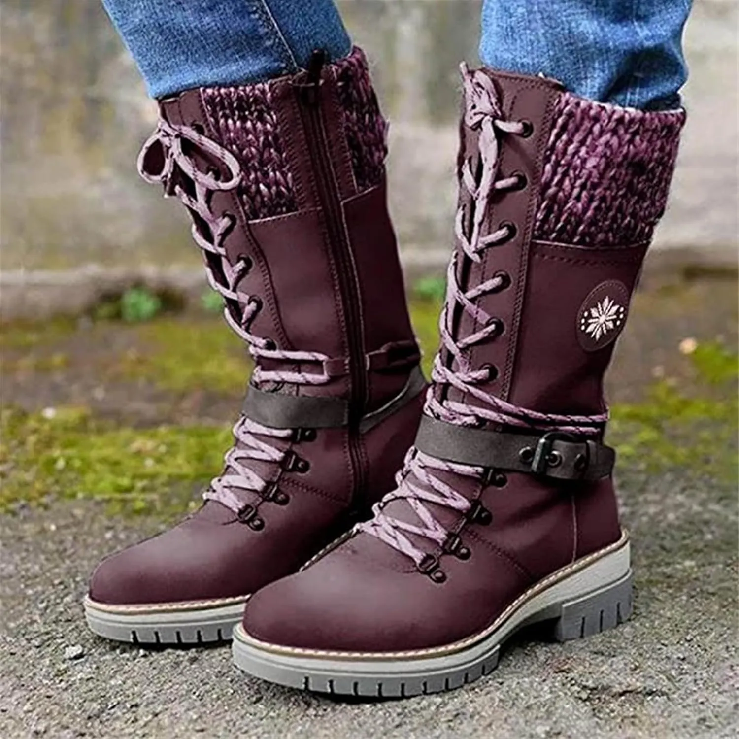 Lausiuoe Boots For Women Low Heel Mid Calf Pull On Winter Boots Side Zip Slouchy Western Cowboy Booties Non Slip Outdoor Shoes