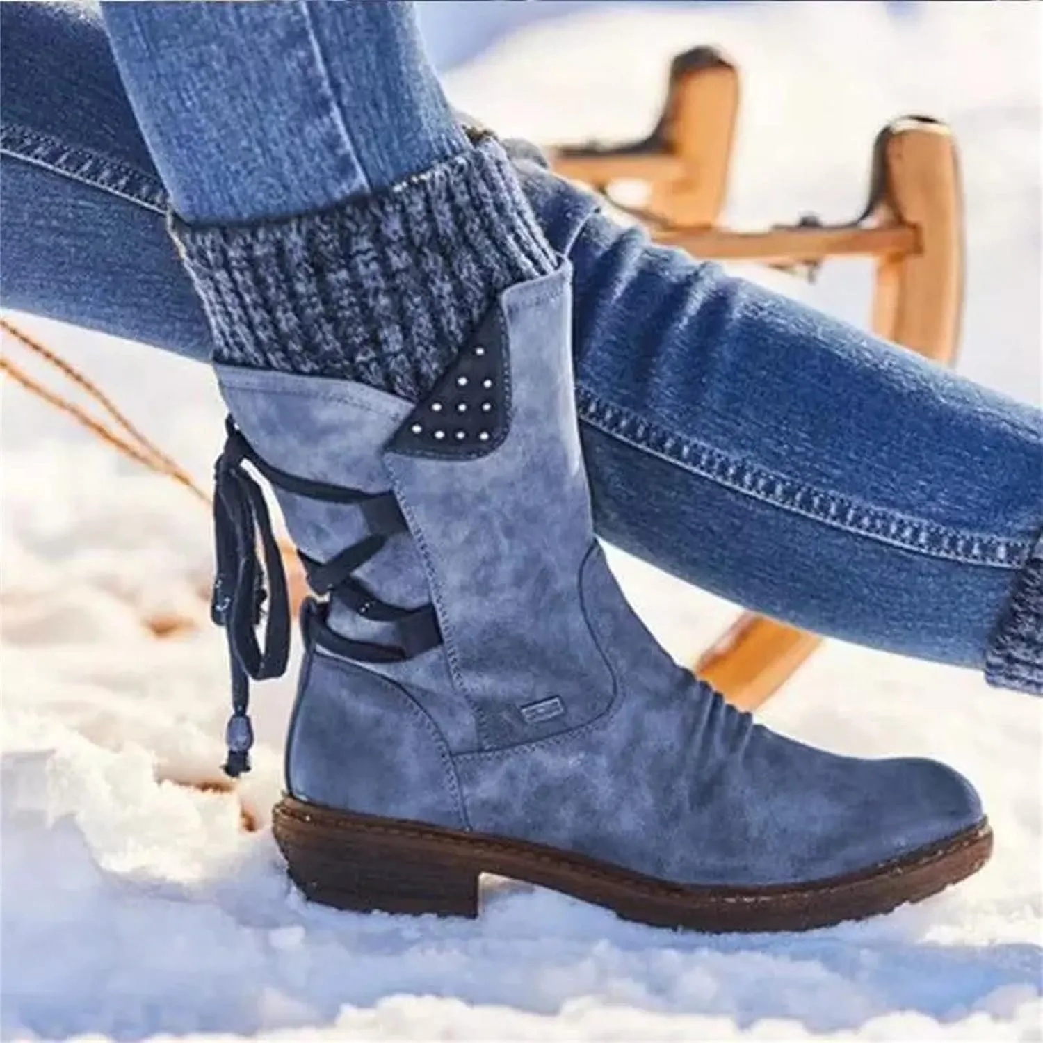 Lausiuoe Boots For Women Low Heel Mid Calf Side Zipper Slouchy Western Cowboy Booties Winter Warm Non Slip Platform Outdoor Shoes