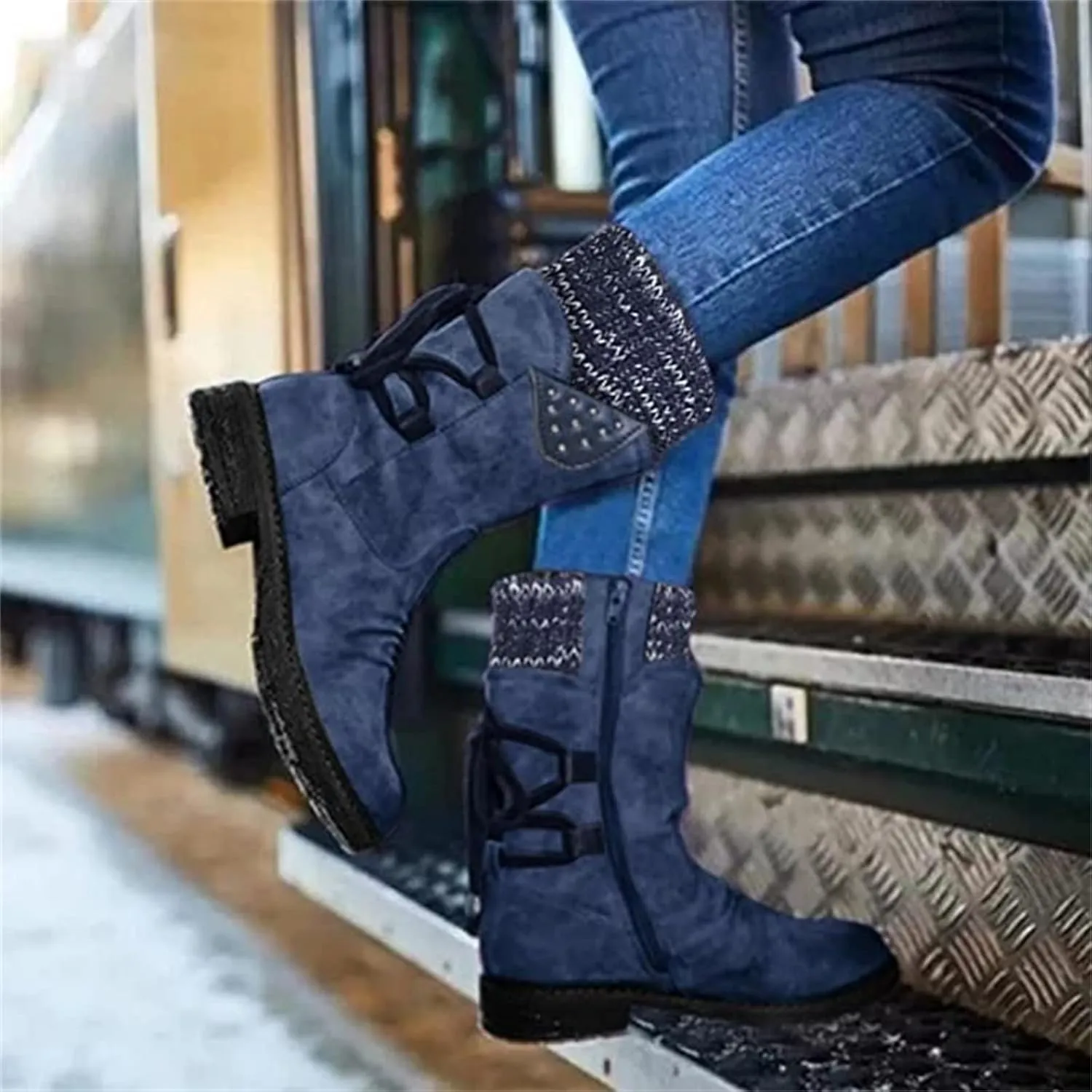 Lausiuoe Boots For Women Low Heel Mid Calf Side Zipper Slouchy Western Cowboy Booties Winter Warm Non Slip Platform Outdoor Shoes