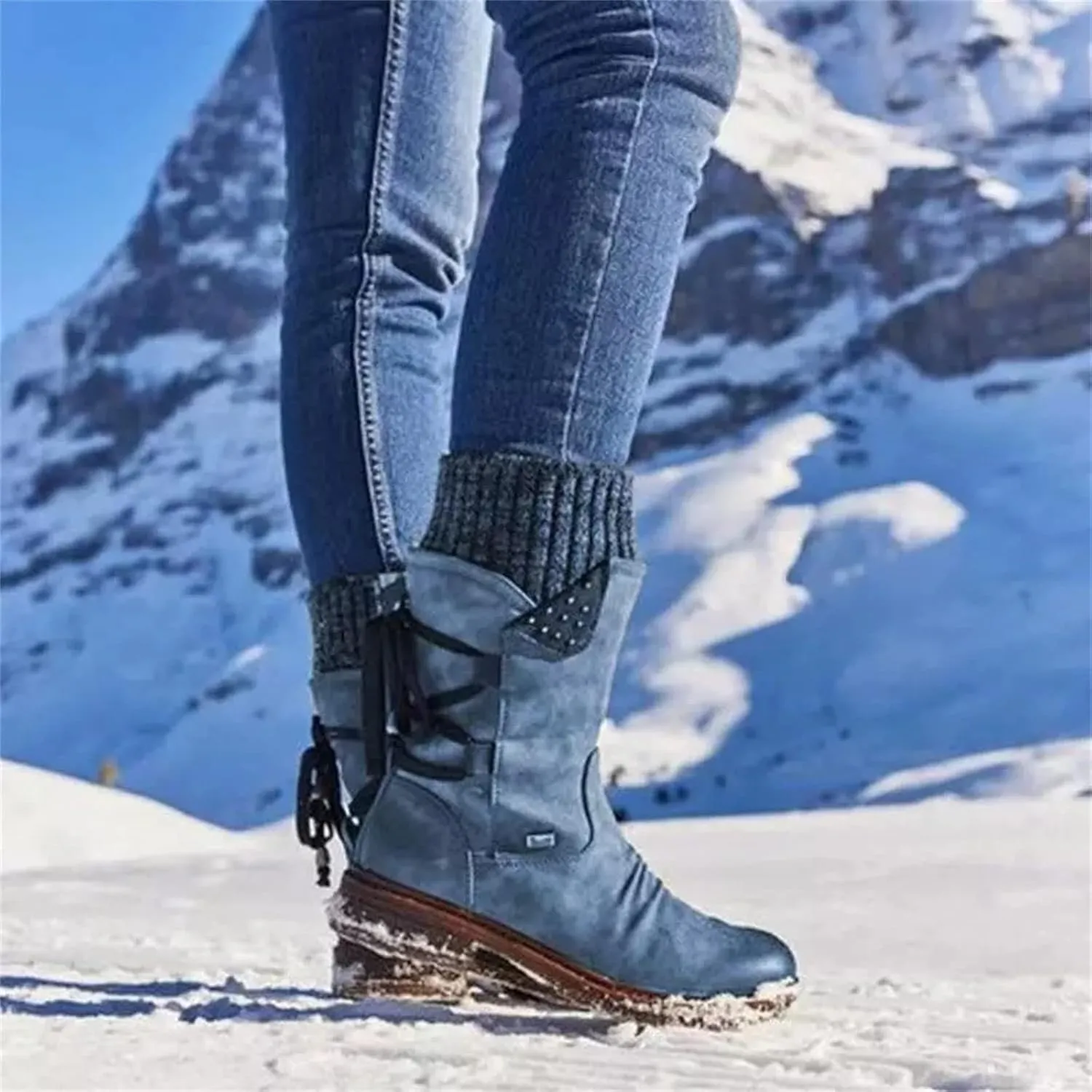 Lausiuoe Boots For Women Low Heel Mid Calf Side Zipper Slouchy Western Cowboy Booties Winter Warm Non Slip Platform Outdoor Shoes