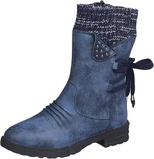 Lausiuoe Boots For Women Low Heel Mid Calf Side Zipper Slouchy Western Cowboy Booties Winter Warm Non Slip Platform Outdoor Shoes