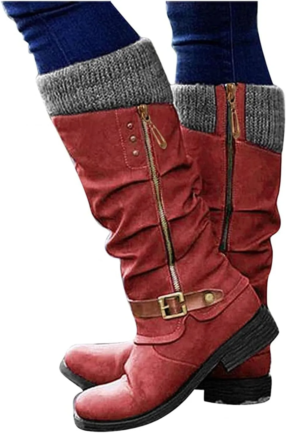 Lausiuoe Boots For Women Low Heel Mid Calf Winter Boots Side Zip Western Platform Hiking Booties Warm Non Slip Outdoor Shoes