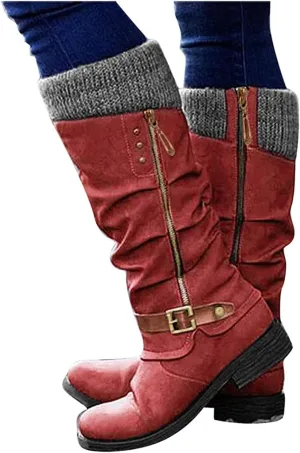 Lausiuoe Boots For Women Low Heel Mid Calf Winter Boots Side Zip Western Platform Hiking Booties Warm Non Slip Outdoor Shoes