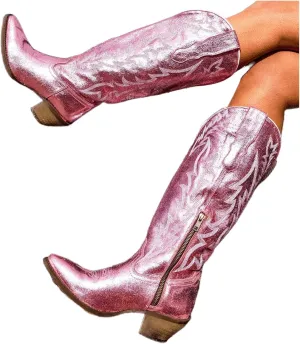 Lausiuoe Cowboy Boots For Women Wide Calf Wide Foot Knee High Western Cowgirl Style Embroidered Chunky Heel Fashion Boot
