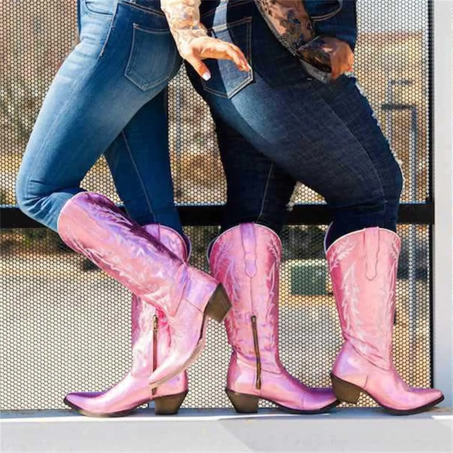 Lausiuoe Cowboy Boots For Women Wide Calf Wide Foot Knee High Western Cowgirl Style Embroidered Chunky Heel Fashion Boot