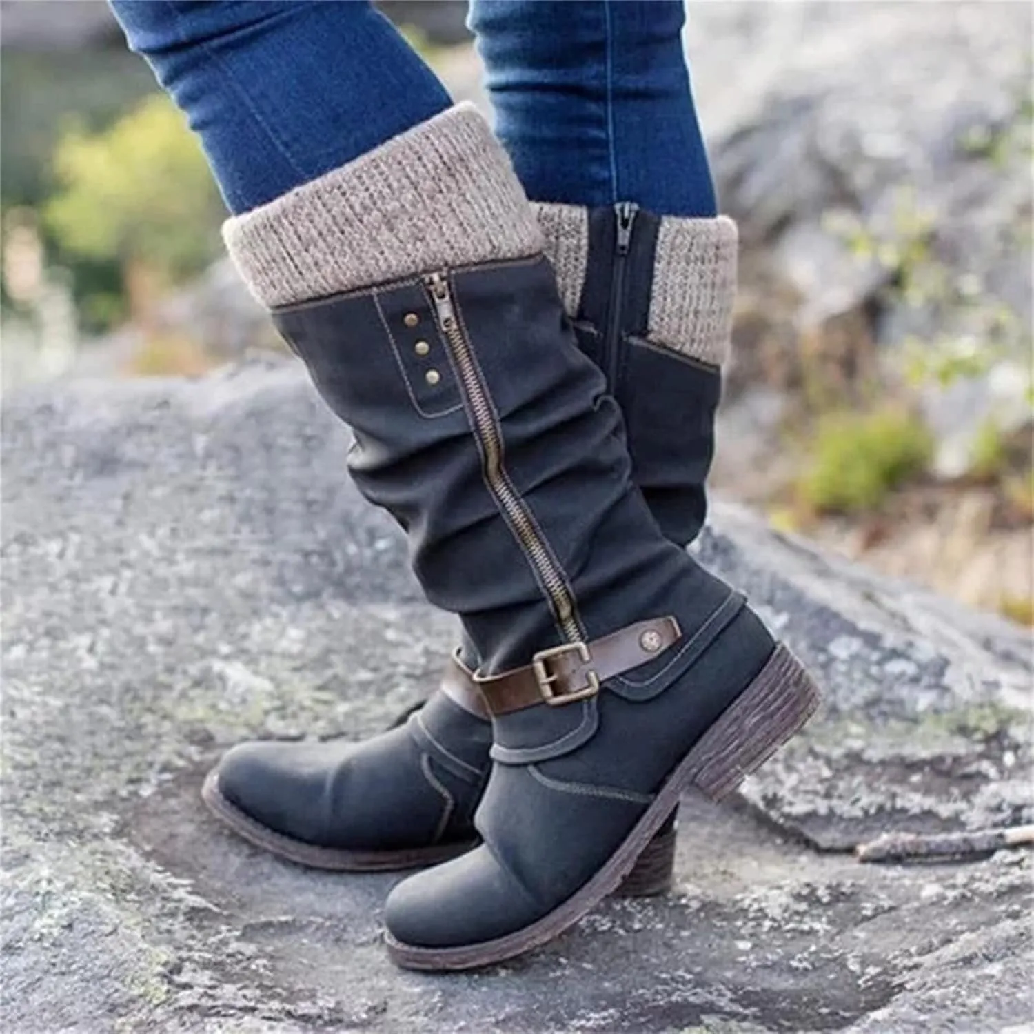 Lausiuoe Cowboy Boots For Women Wide Calf Wide Foot Knee High Western Cowgirl Style Embroidered Chunky Heel Fashion Boot