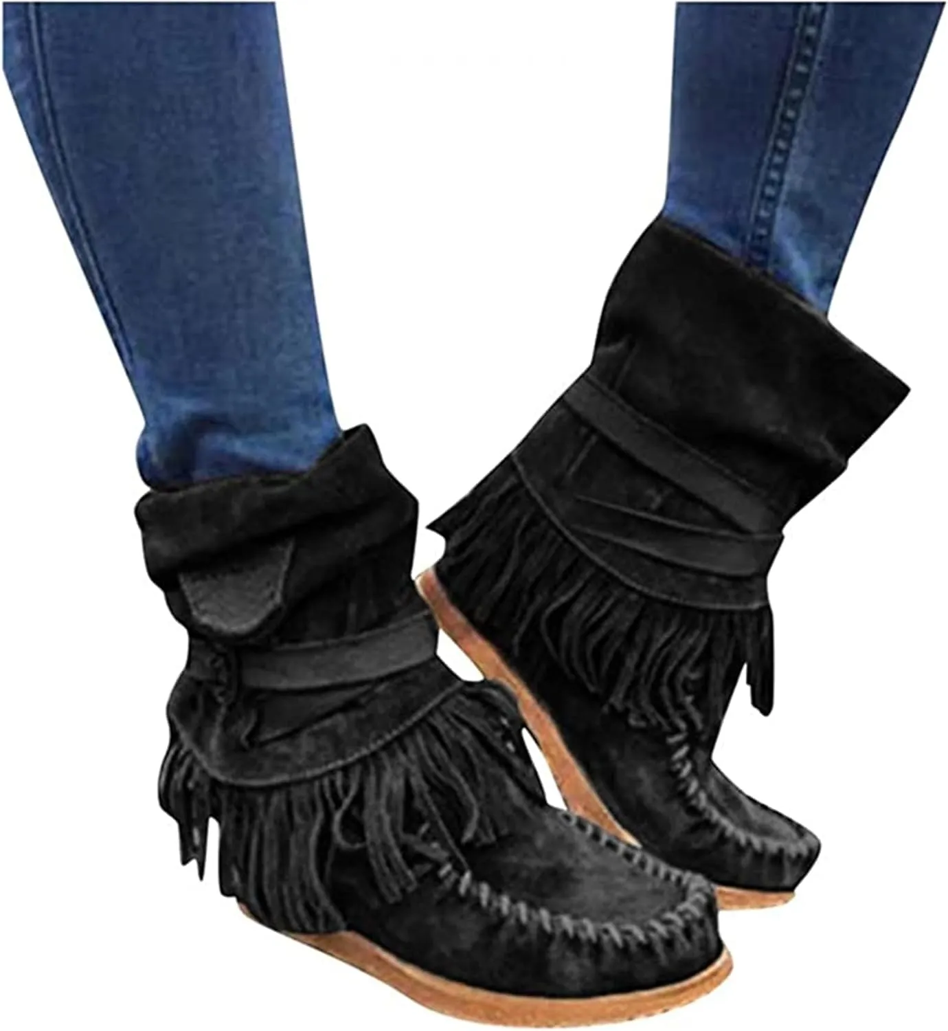 Lausiuoe Womens Boots Knee High Wide Calf Classic Fringe Western Cowboy Boots Cowgirl Style Chunky Fashion Boot Pull-On