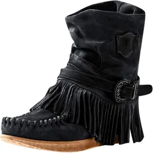 Lausiuoe Womens Boots Knee High Wide Calf Classic Fringe Western Cowboy Boots Cowgirl Style Chunky Fashion Boot Pull-On