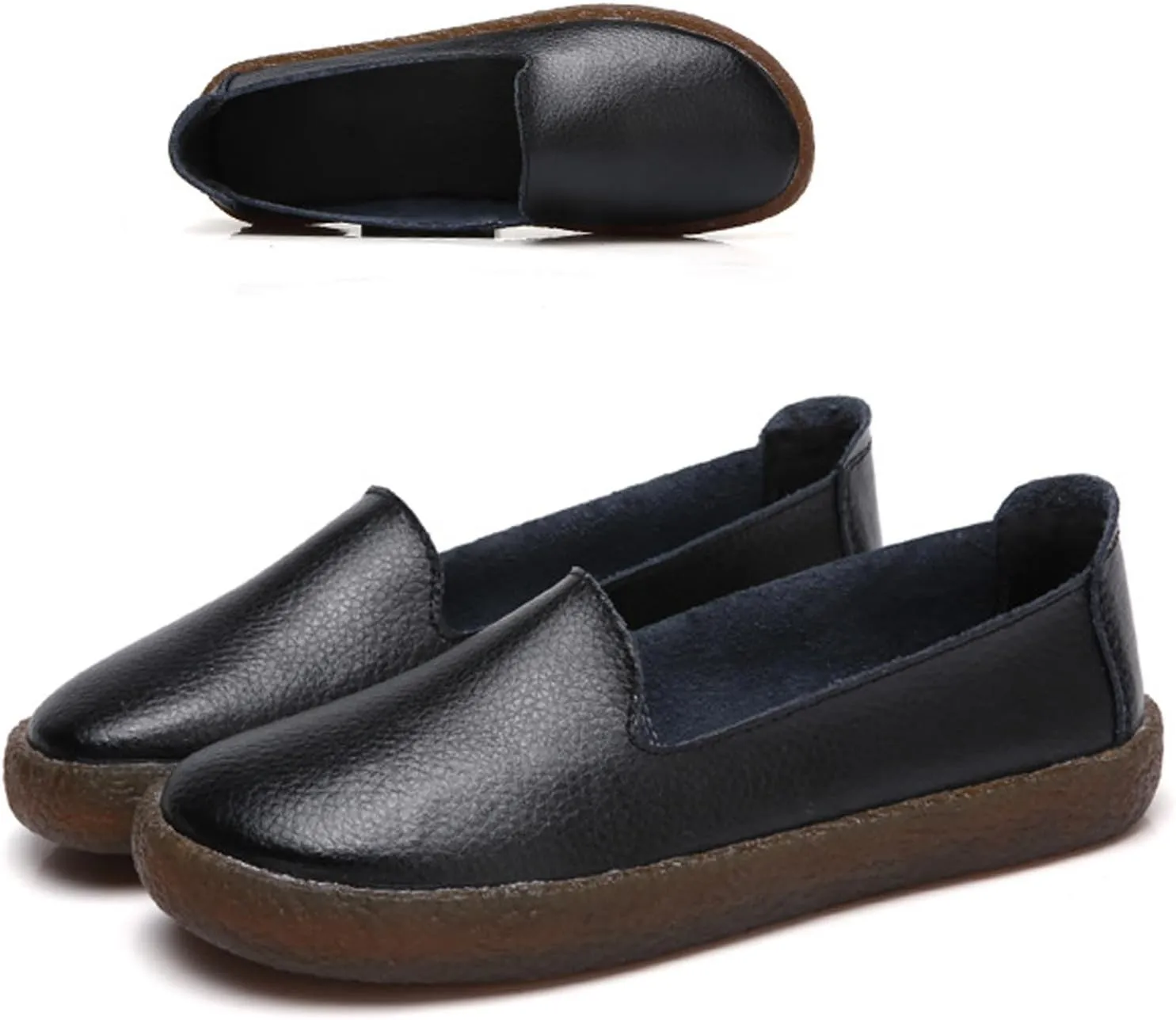 Leather Slip on Loafers for Women Comfortable Round Toe Soft Bottom Driving Work Flat Boat Shoes Breathable Soft Nurse Walking Shoes