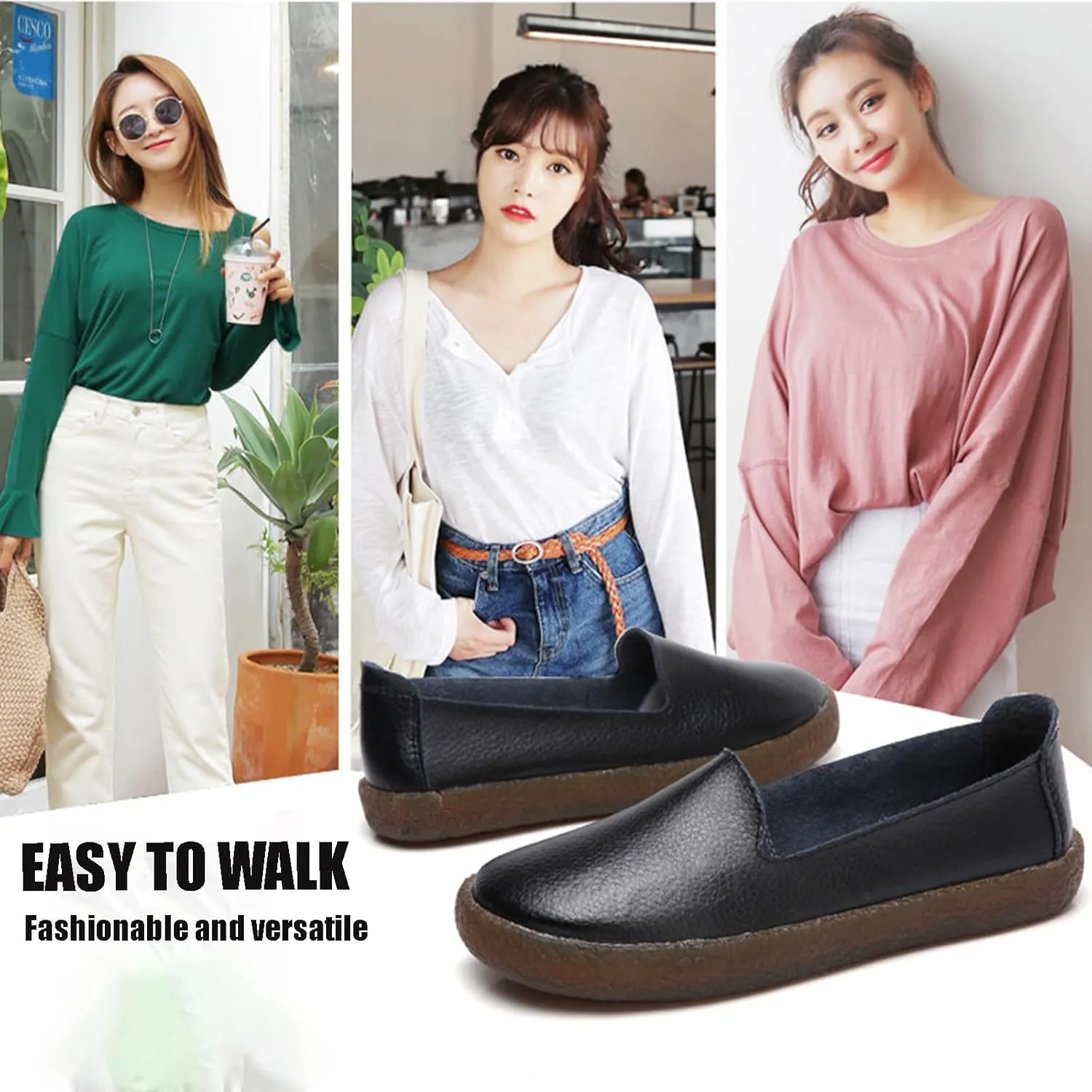 Leather Slip on Loafers for Women Comfortable Round Toe Soft Bottom Driving Work Flat Boat Shoes Breathable Soft Nurse Walking Shoes