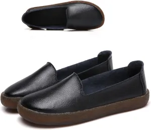Leather Slip on Loafers for Women Comfortable Round Toe Soft Bottom Driving Work Flat Boat Shoes Breathable Soft Nurse Walking Shoes
