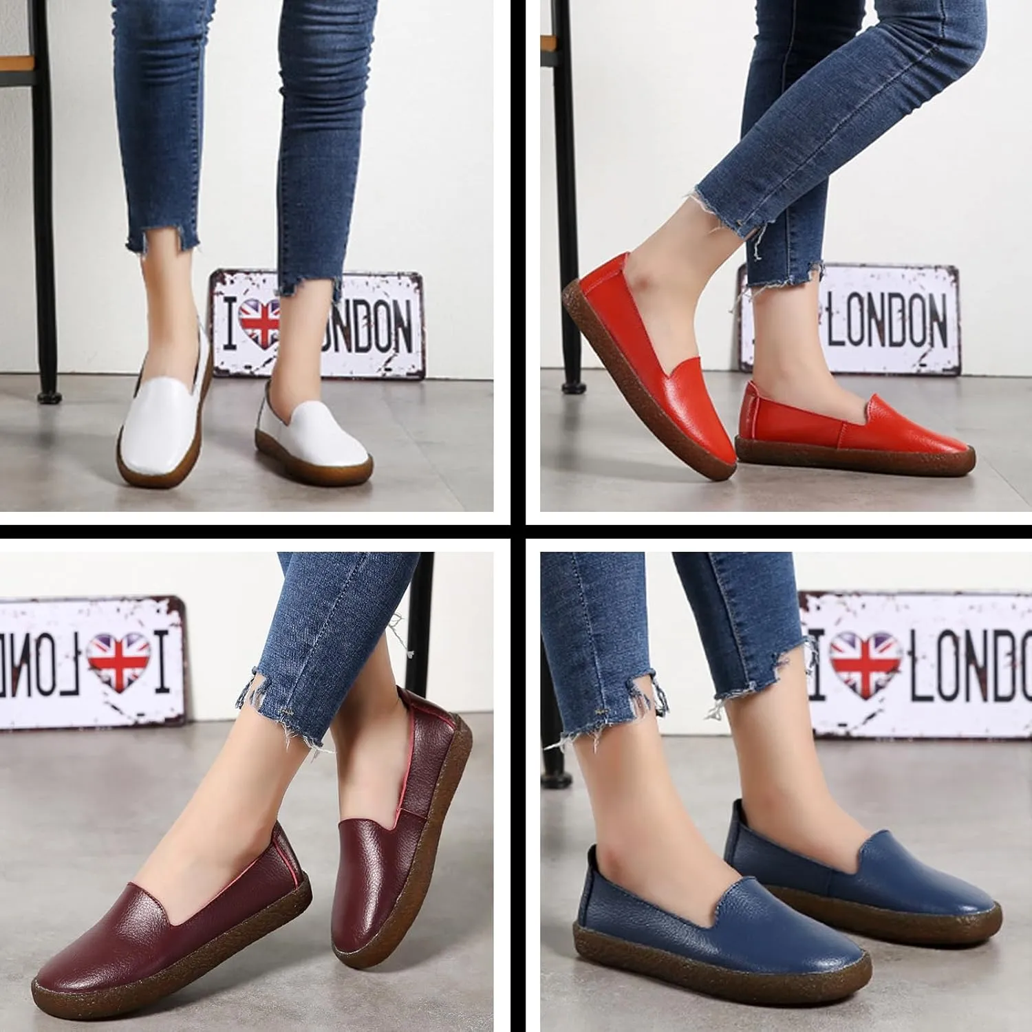 Leather Slip on Loafers for Women Comfortable Round Toe Soft Bottom Driving Work Flat Boat Shoes Breathable Soft Nurse Walking Shoes