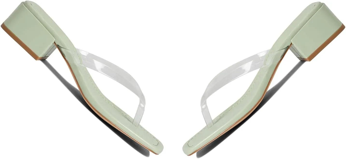 LEHOOR Women Chunky Heel Square Toe Flip Flops Comfort Slip On Heeled Thong Flip Flops 2 Inch Low Block Heel Dress Slippers Sandals Clear T-Strap Work Slides Casual Summer Beach Heels 4-11 M US