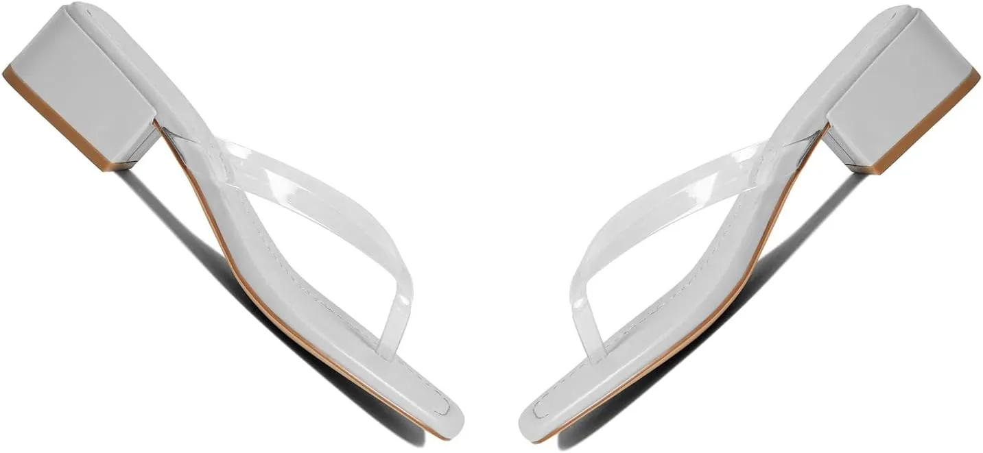 LEHOOR Women Chunky Heel Square Toe Flip Flops Comfort Slip On Heeled Thong Flip Flops 2 Inch Low Block Heel Dress Slippers Sandals Clear T-Strap Work Slides Casual Summer Beach Heels 4-11 M US