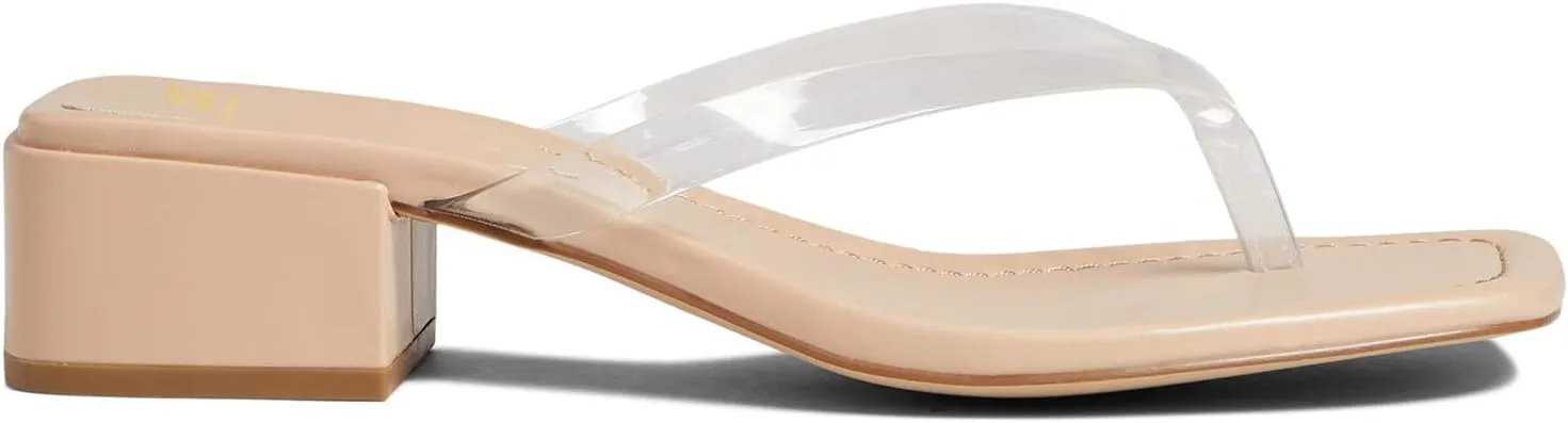 LEHOOR Women Chunky Heel Square Toe Flip Flops Comfort Slip On Heeled Thong Flip Flops 2 Inch Low Block Heel Dress Slippers Sandals Clear T-Strap Work Slides Casual Summer Beach Heels 4-11 M US