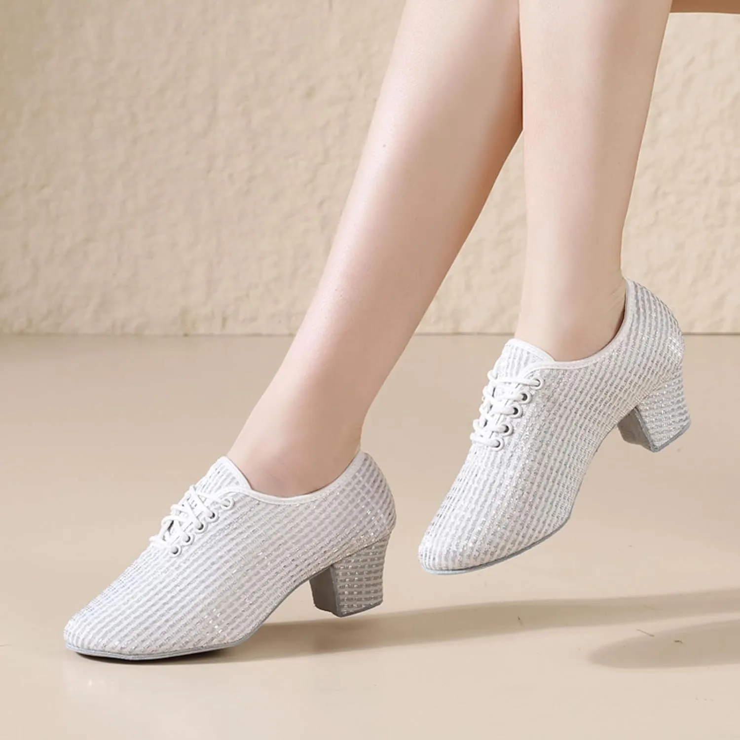 Leisure Women's Mesh Soft Sole Solid Color Non Slip Square Heels Lace Up Round Toe Breathable Dancing Lady Casual Top