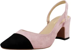LEMUTISME Women's Elegant Cap Toe Two-Tone Chunky Heel Slingback Sandals Square Toe Suede Strappy Mid Block Heel Dress Pumps