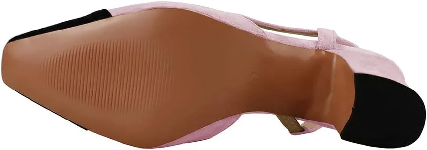 LEMUTISME Women's Elegant Cap Toe Two-Tone Chunky Heel Slingback Sandals Square Toe Suede Strappy Mid Block Heel Dress Pumps