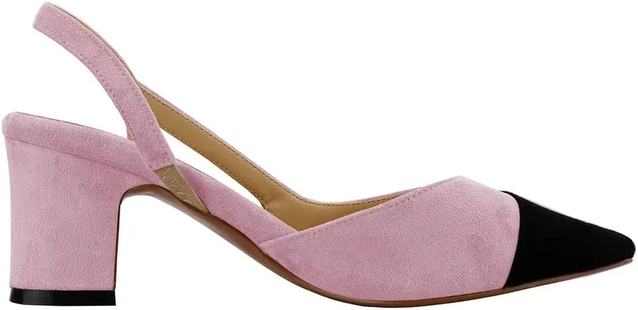 LEMUTISME Women's Elegant Cap Toe Two-Tone Chunky Heel Slingback Sandals Square Toe Suede Strappy Mid Block Heel Dress Pumps