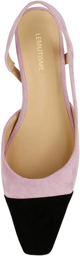LEMUTISME Women's Elegant Cap Toe Two-Tone Chunky Heel Slingback Sandals Square Toe Suede Strappy Mid Block Heel Dress Pumps