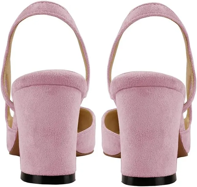 LEMUTISME Women's Elegant Cap Toe Two-Tone Chunky Heel Slingback Sandals Square Toe Suede Strappy Mid Block Heel Dress Pumps