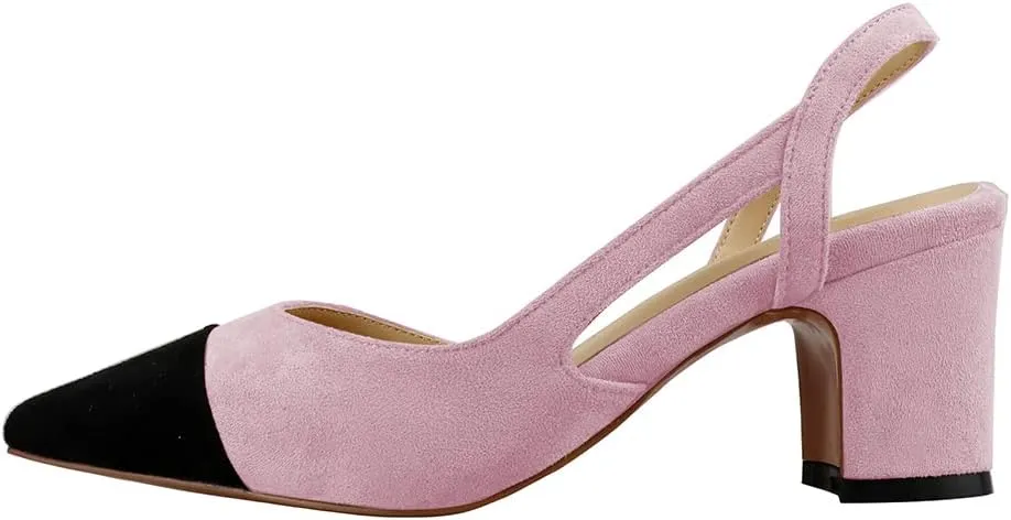 LEMUTISME Women's Elegant Cap Toe Two-Tone Chunky Heel Slingback Sandals Square Toe Suede Strappy Mid Block Heel Dress Pumps