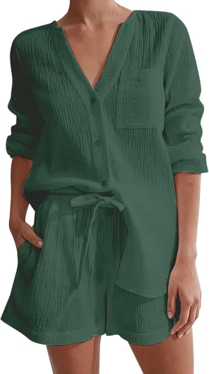 Linen 2 Piece Set for Women Short Sleeve Button down Shirt and Shorts Tracksuit Lounge Matching Sets Women Clothing