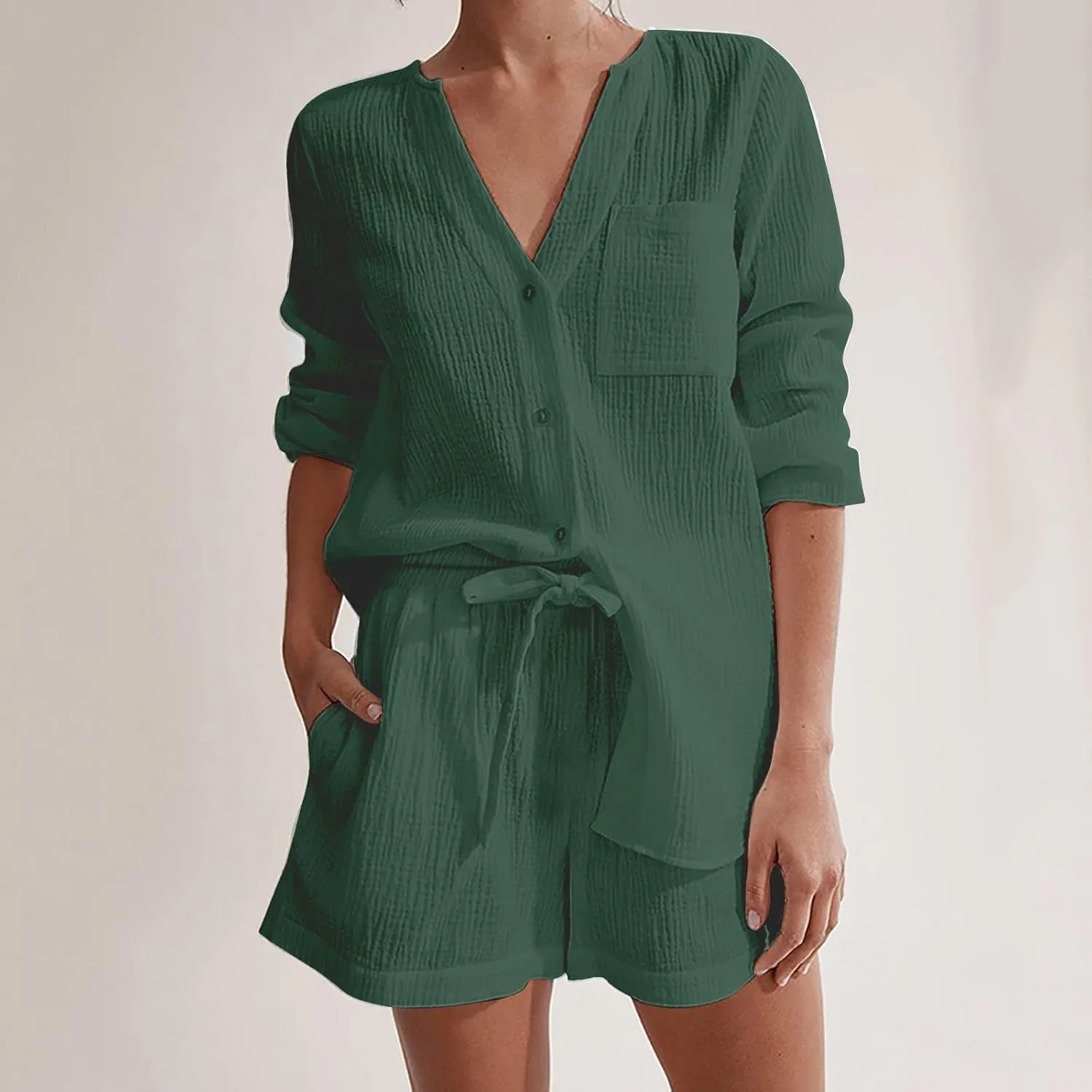 Linen 2 Piece Set for Women Short Sleeve Button down Shirt and Shorts Tracksuit Lounge Matching Sets Women Clothing