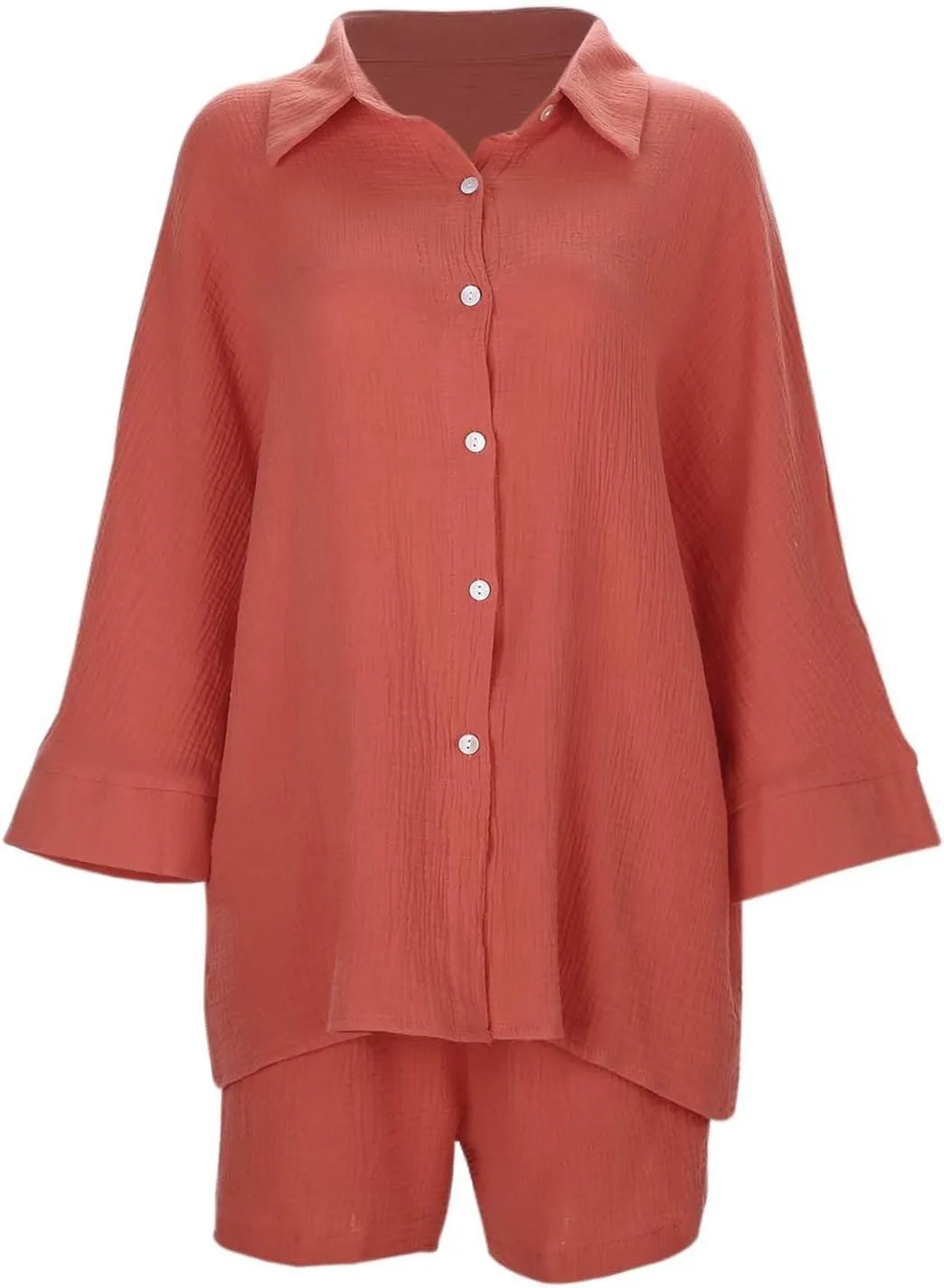 Linen Set for Women 2 Piece Long Sleeve Button down Shirt and Shorts Tracksuit Lounge Set Airport Outfits Cute Clothes