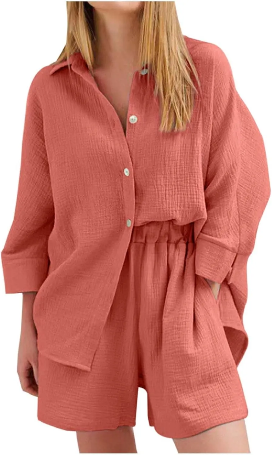 Linen Set for Women 2 Piece Long Sleeve Button down Shirt and Shorts Tracksuit Lounge Set Airport Outfits Cute Clothes