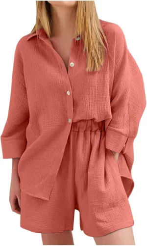 Linen Set for Women 2 Piece Long Sleeve Button down Shirt and Shorts Tracksuit Lounge Set Airport Outfits Cute Clothes