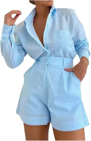 Linen Set for Women 2 Piece Short Sleeve Button down Blouse and Shorts Matching Sweatsuit Sets Fashion Trendy Clothes