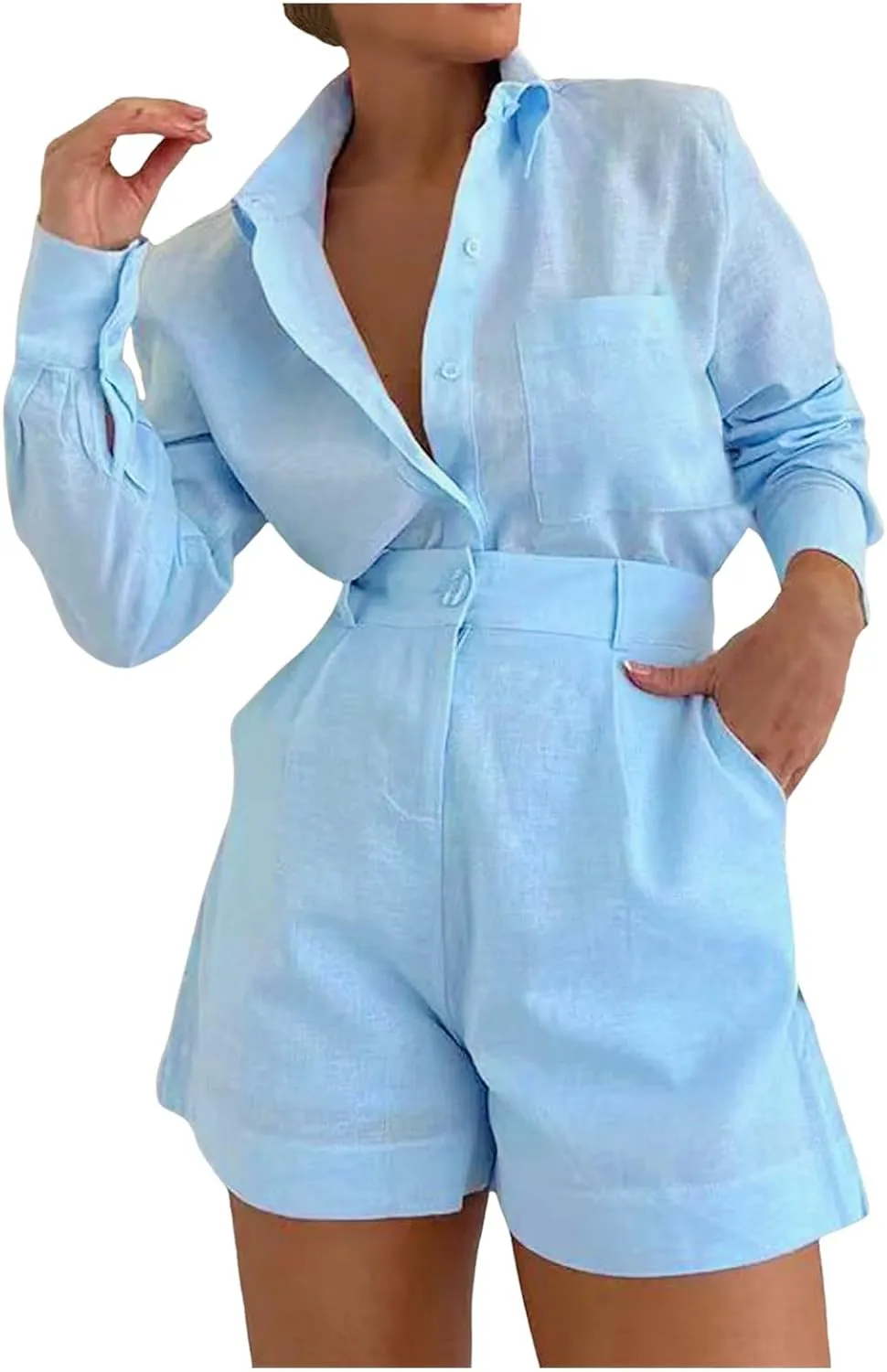 Linen Set for Women 2 Piece Short Sleeve Button down Blouse and Shorts Matching Sweatsuit Sets Fashion Trendy Clothes