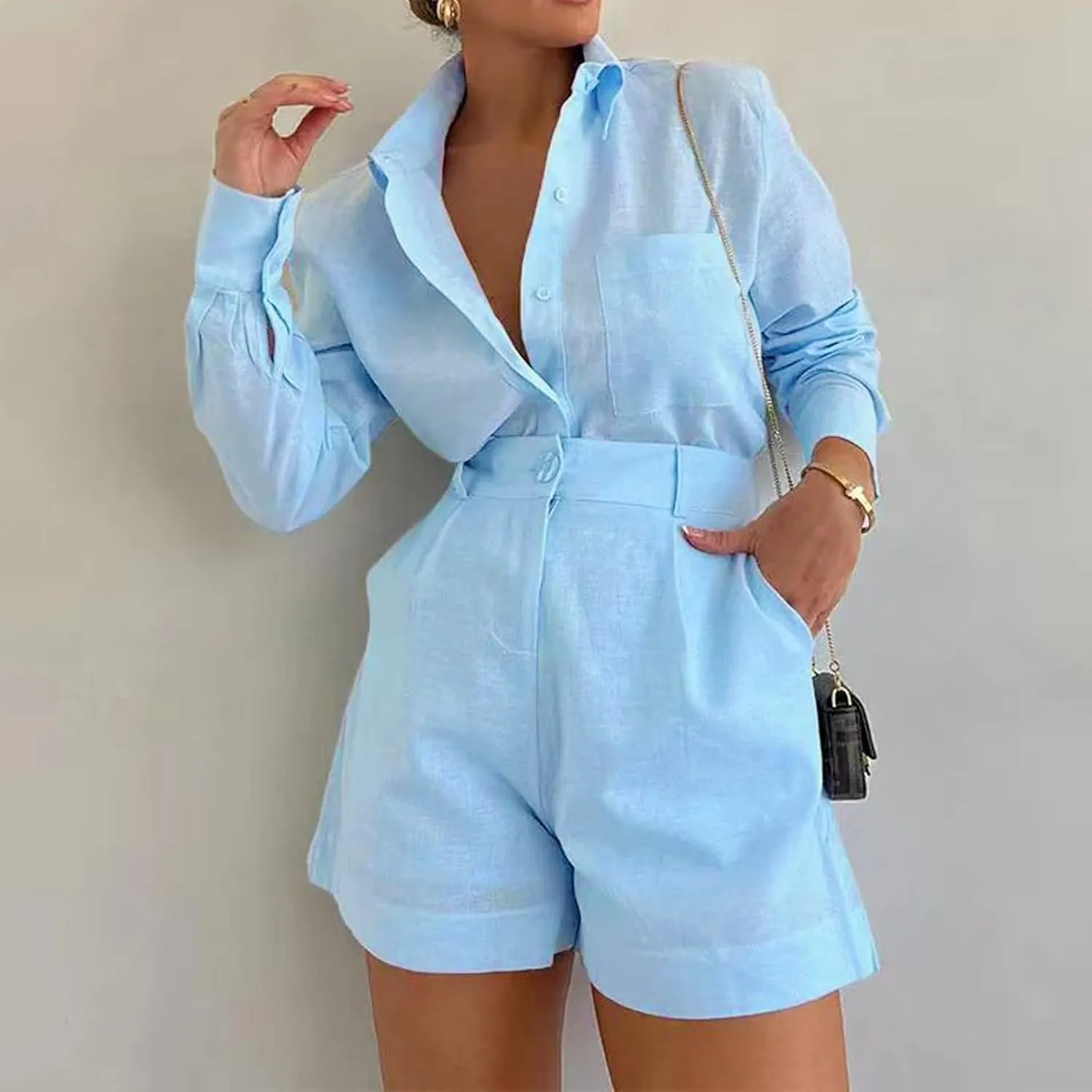 Linen Set for Women 2 Piece Short Sleeve Button down Blouse and Shorts Matching Sweatsuit Sets Fashion Trendy Clothes