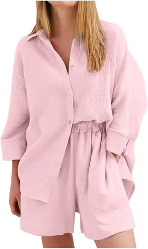 Linen Set for Women 2 Piece Two Piece Tracksuit Button down 3/4 Sleeve Shirt and Shorts Set Fashion Trendy Clothes