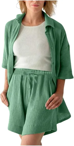 Linen Set for Women Button down Shirt Top and High Waist Shorts Casual Lounge Sets Loungewear Track Suits Sweat Suit
