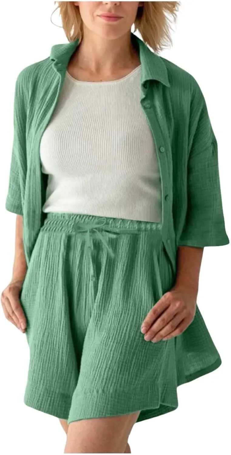Linen Set for Women Button down Shirt Top and High Waist Shorts Casual Lounge Sets Loungewear Track Suits Sweat Suit