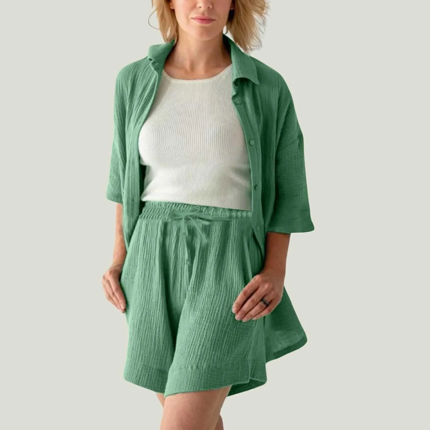 Linen Set for Women Button down Shirt Top and High Waist Shorts Casual Lounge Sets Loungewear Track Suits Sweat Suit