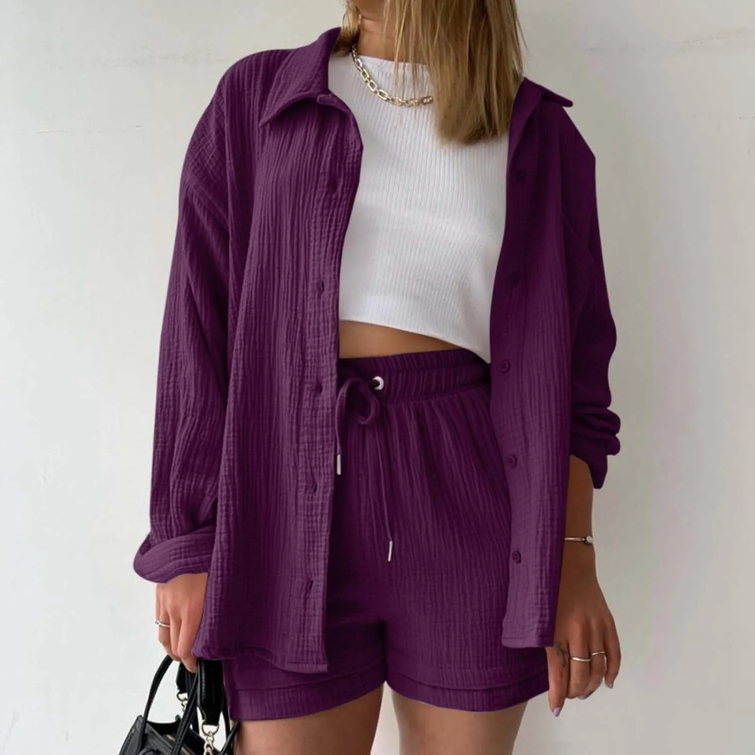Linen Set for Women Long Sleeve Button down Blouse and Shorts Matching Sweatsuit Sets Airport Outfits Cute Clothes