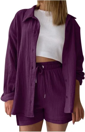 Linen Set for Women Long Sleeve Button down Blouse and Shorts Matching Sweatsuit Sets Airport Outfits Cute Clothes