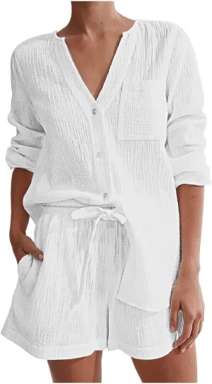 Linen Set for Women Long Sleeve Button down Blouse and Shorts Matching Sweatsuit Sets Matching Sets Women Clothing