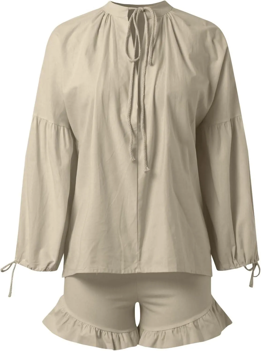 Linen Set for Women Long Sleeve Button down Blouse and Shorts Matching Sweatsuit Sets Track Suits Sweat Suit