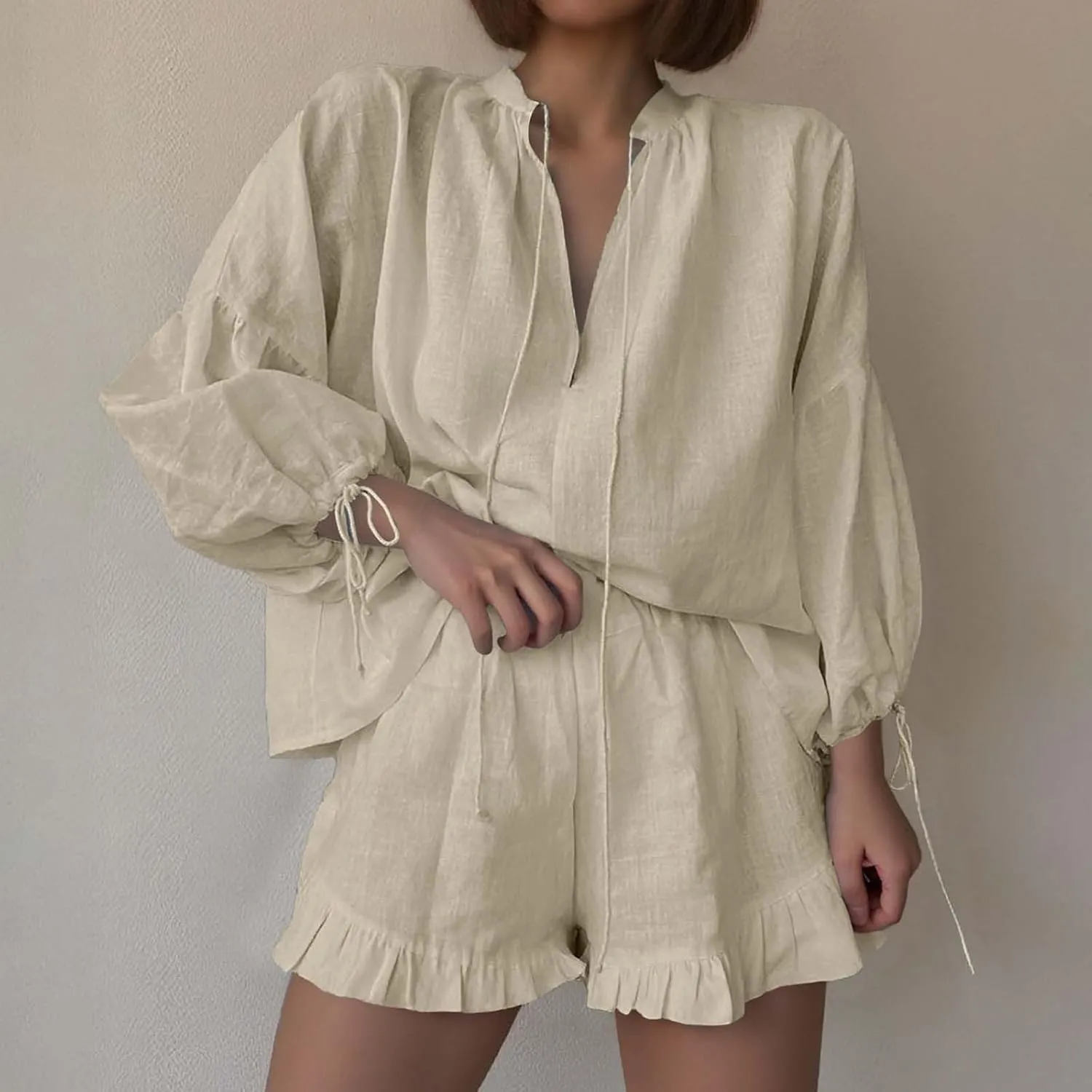 Linen Set for Women Long Sleeve Button down Blouse and Shorts Matching Sweatsuit Sets Track Suits Sweat Suit