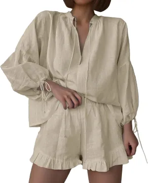 Linen Set for Women Long Sleeve Button down Blouse and Shorts Matching Sweatsuit Sets Track Suits Sweat Suit