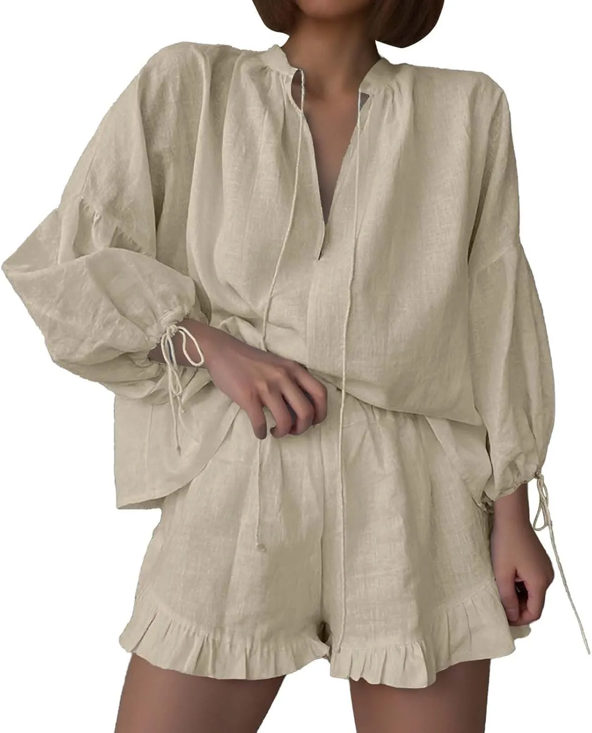 Linen Set for Women Long Sleeve Button down Blouse and Shorts Matching Sweatsuit Sets Track Suits Sweat Suit